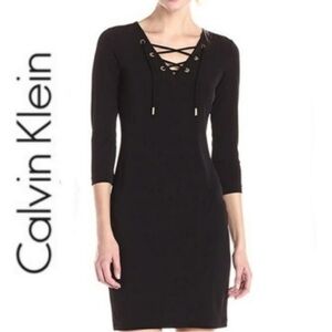 Calvin Klein Black Long Sleeve Lace-Up Dress 4 6 Stretch #22